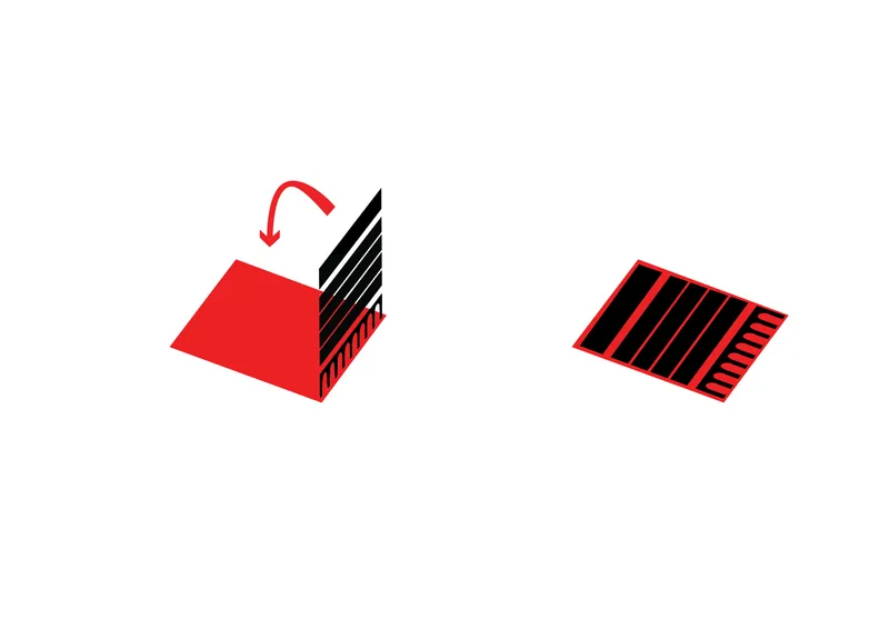 Axonometric diagram showing a hinged roof panel lifting to reveal parallel timber rafters beneath