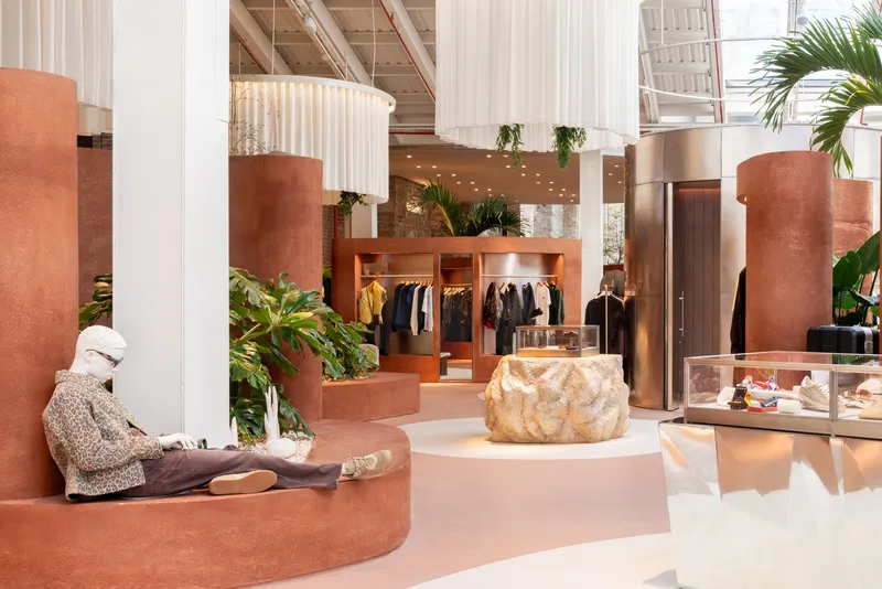 Retail interior with terracotta curved seating elements and tropical plants beneath sheer white drapery