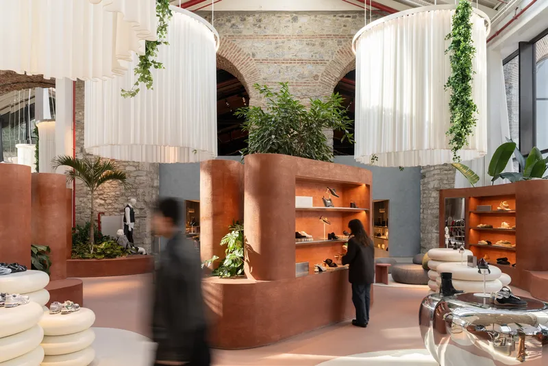 Ground floor retail space with customers browsing curved terracotta display niches and hanging plants