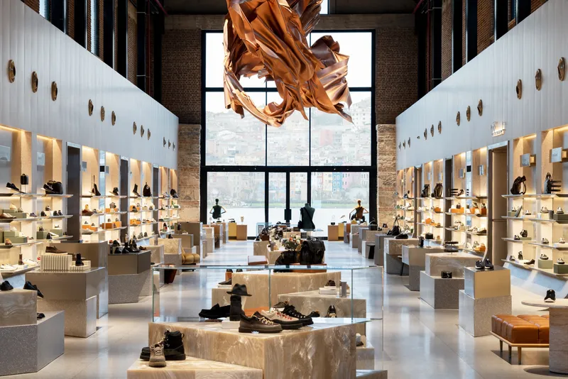 Double height retail hall with white shelving walls and copper fabric sculpture suspended before the glazed facade