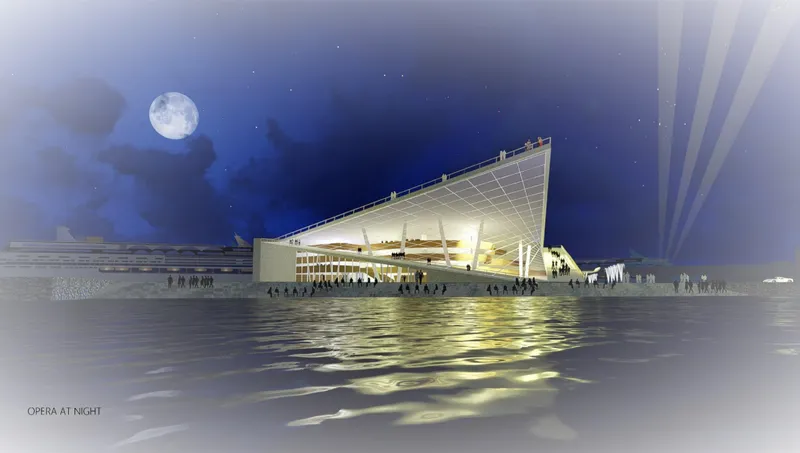 Rendering of the illuminated cantilevered roof and glass facade reflected in water at night with a full moon