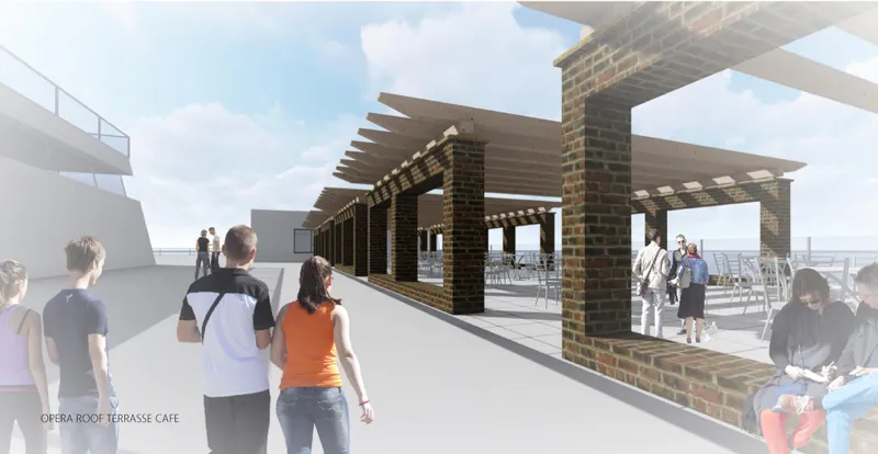 Rendering of the roof terrace with brick-clad pergola structure and visitors gathering under cloudy skies