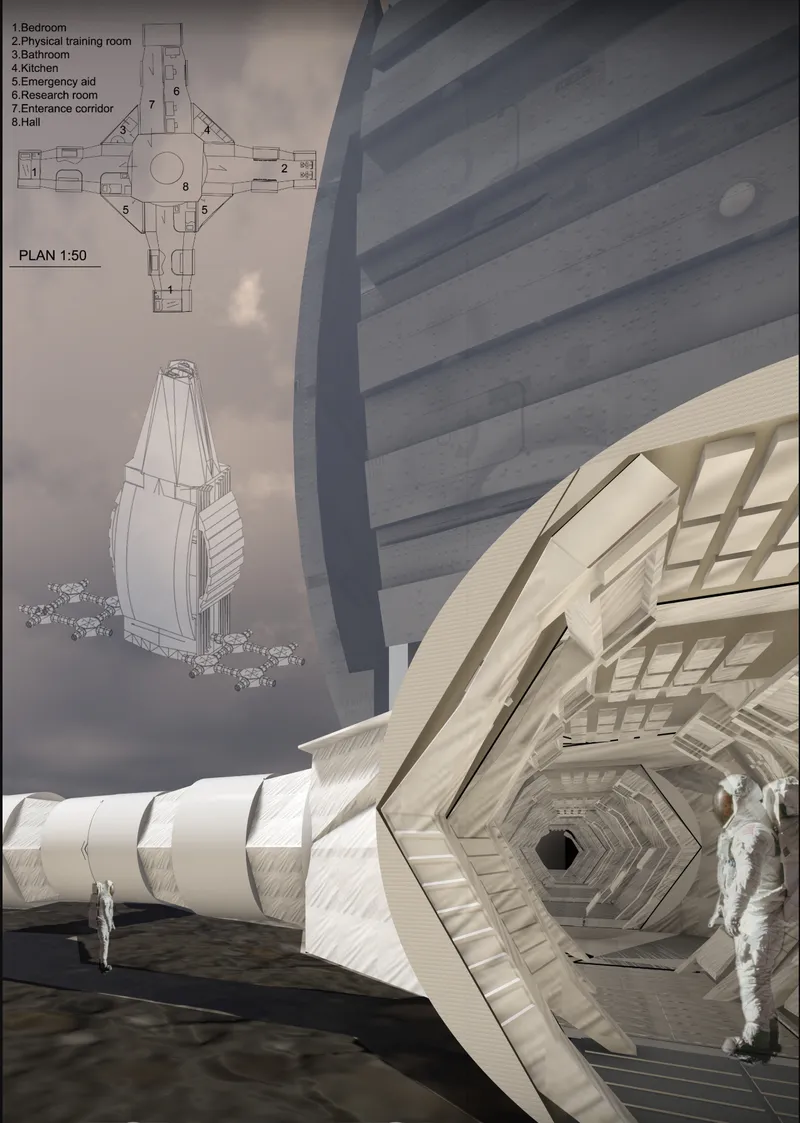 Modular habitat architecture combines living spaces, research zones, and expandable circulation systems.