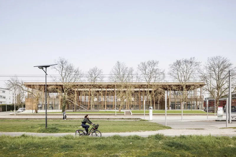 Two-story timber and glass pavilion viewed across a public lawn with a cyclist passing by