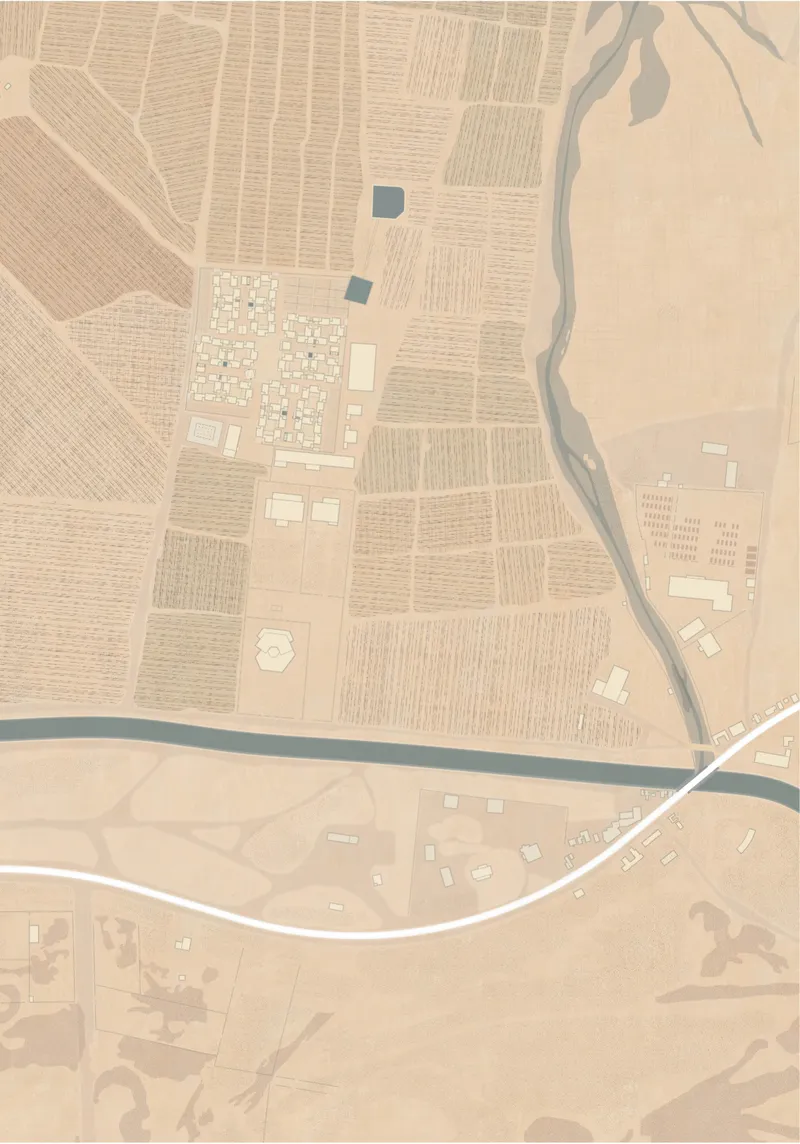 The site plan positions Zanabad within its agricultural landscape, connecting housing clusters with productive land and water systems.