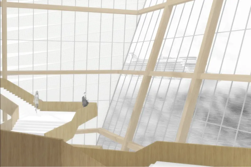 A light-filled circulation space frames expansive views of Tallinn Bay through the timber and glass structure