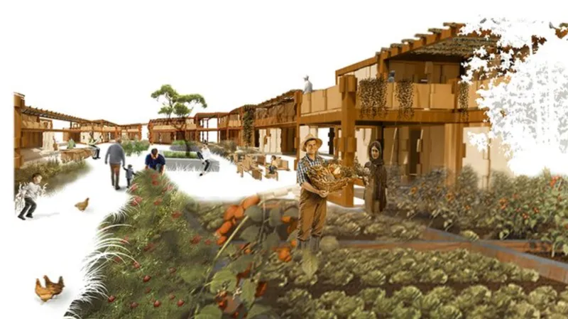 Productive gardens support food security, social life, and long-term resilience within the rebuilt settlement.
