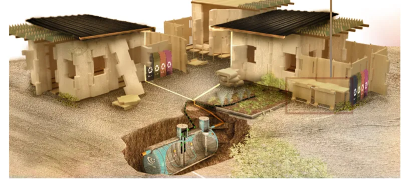 Modular housing units integrate gardens, water systems, and shared services for resilient post-earthquake living.