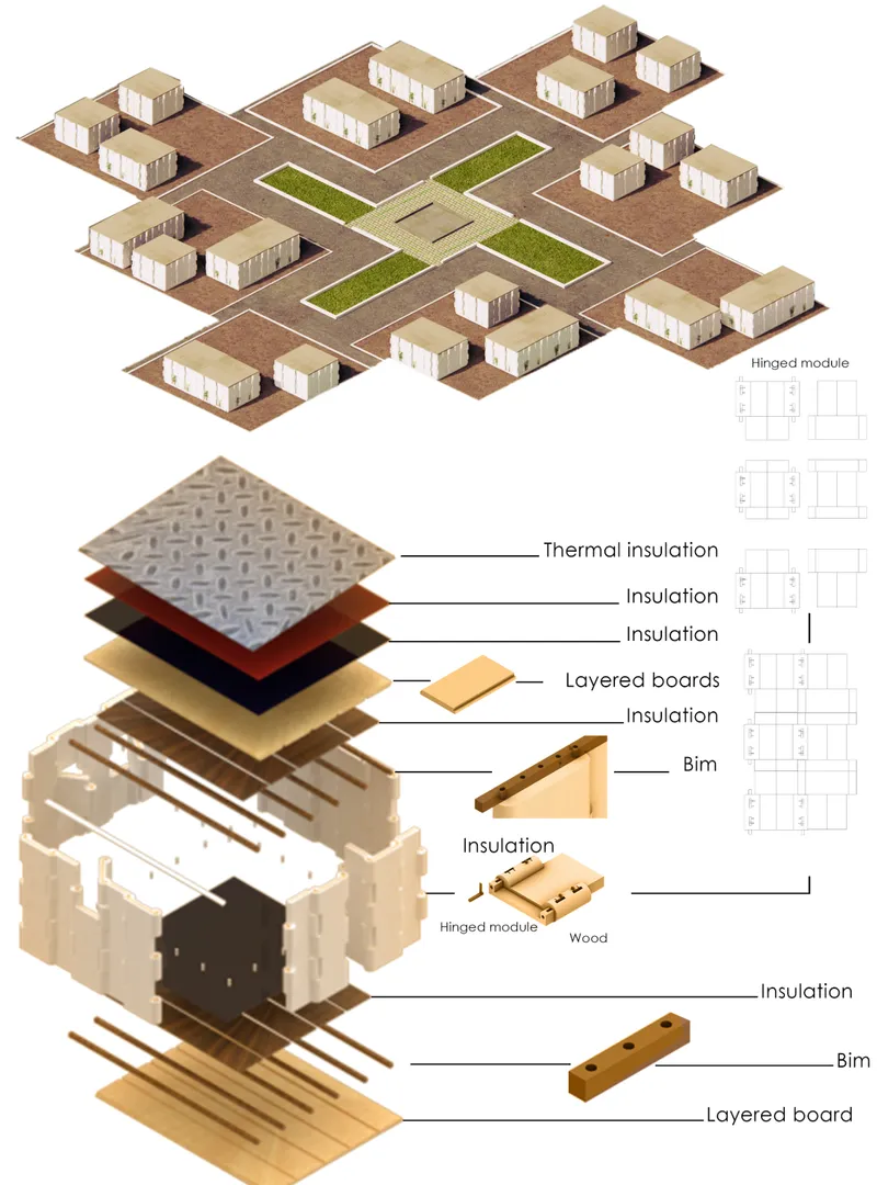 Exploded module diagram showing insulated panels, layered boards, timber beams, and hinged construction details.