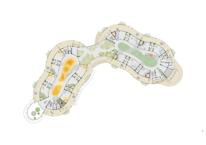 Floor plan drawing showing three organic wings wrapped around landscaped courtyards with trees