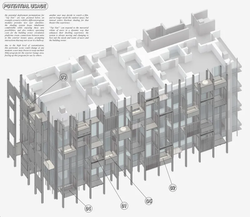 Cutaway axonometric showing modular frame system with vertical columns supporting unit enclosures beneath flexible roof plan above