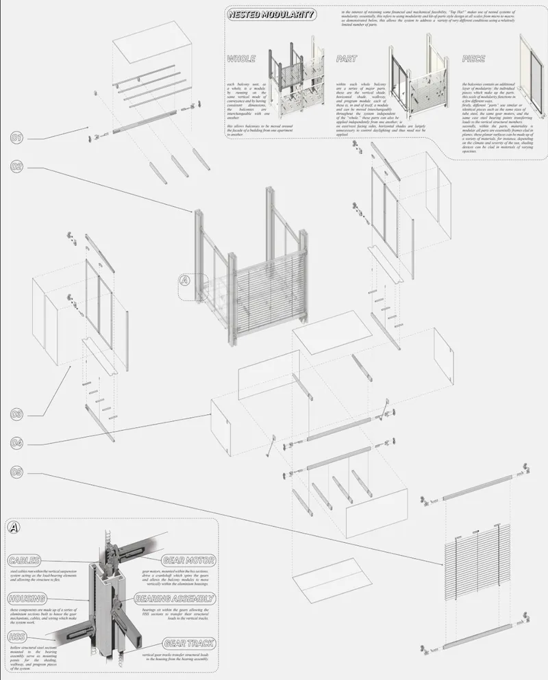 Exploded axonometric diagram illustrating modular wall panel assembly sequence with numbered components and joinery details