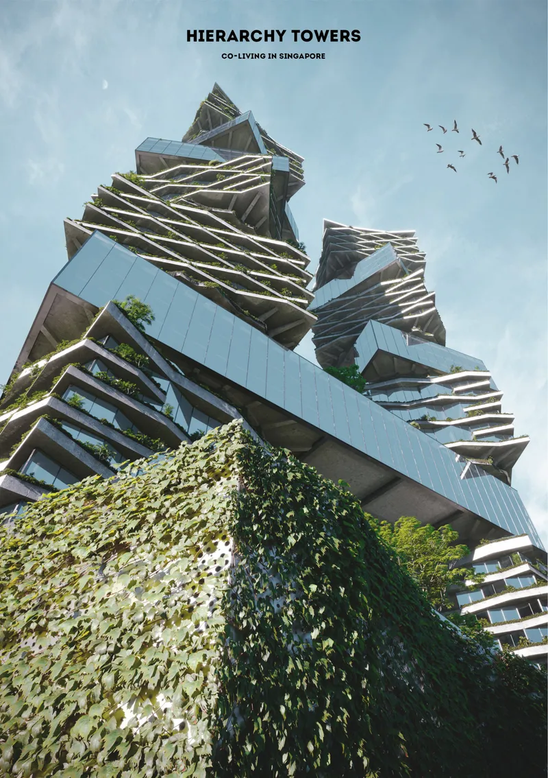 A dramatic low-angle view highlights the towers’ stacked volumes, skybridges, and planted façades.
