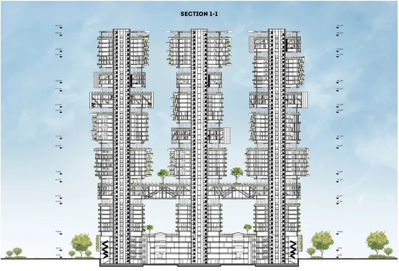 The sectional drawing reveals three towers linked by shared public floors and structural bridges.