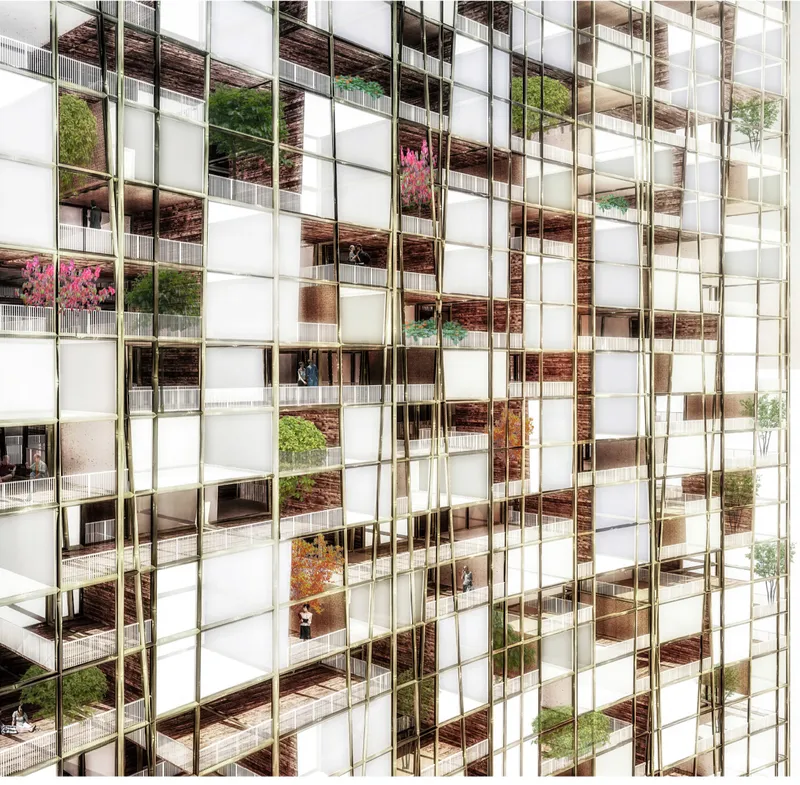 Flexible residential modules, planted terraces, and open voids create a dynamic facade for collective urban living.