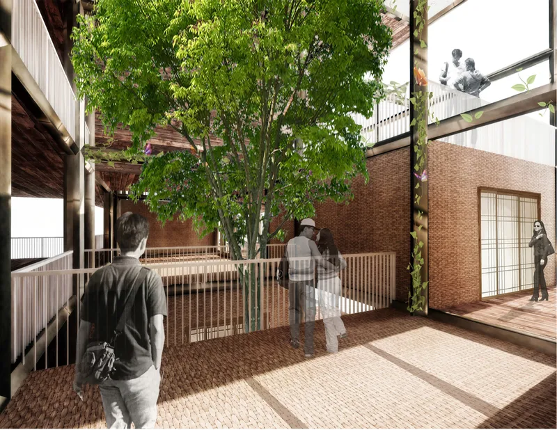 A shared internal courtyard brings daylight, greenery, and social interaction into the heart of the tower.