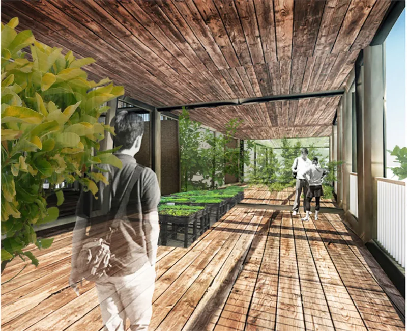 Integrated urban farming transforms circulation space into a productive and communal green environment.