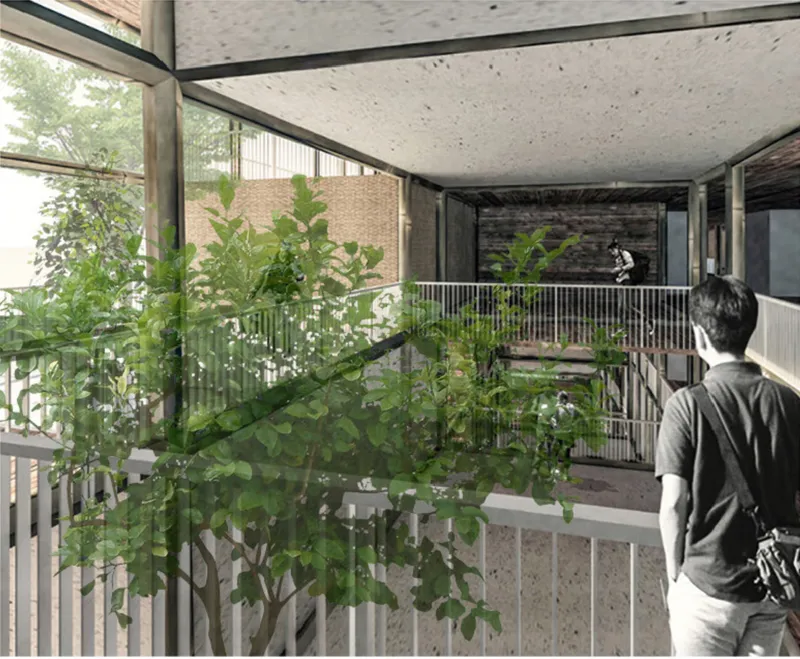 Layered walkways and planted voids connect residents through a porous, naturally lit vertical neighborhood.