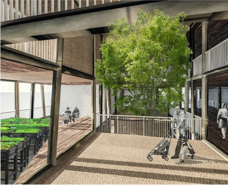 Shared terraces combine greenery, urban farming, and everyday movement within the tower’s collective framework.