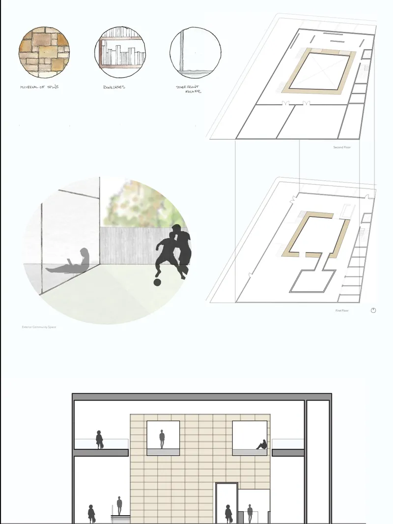 Material, floorplan, and community-space studies illustrating the flexible library’s spatial organization and architectural character.