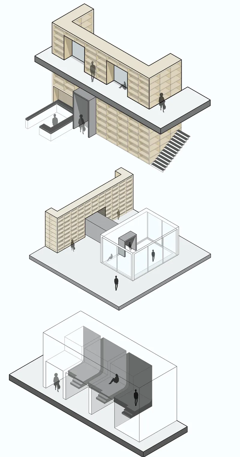 Exploded axonometric views showing adaptable library volumes, integrated bookshelves, circulation, and multifunctional community spaces.