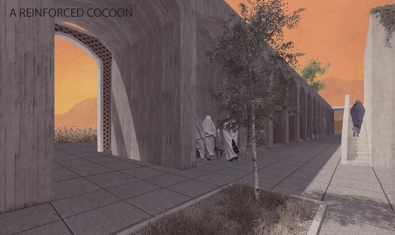 Arched circulation and screened brickwork create shaded, secure passages along the protective outer belt.