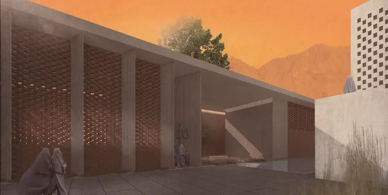 Perforated brick screens filter light while reinforcing privacy around communal and spiritual spaces.