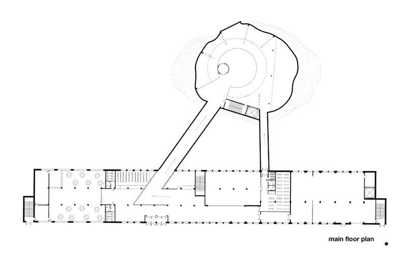 Main floor plan showing public functions, exhibition access, underground entry paths, and the connection to the new museum volume.