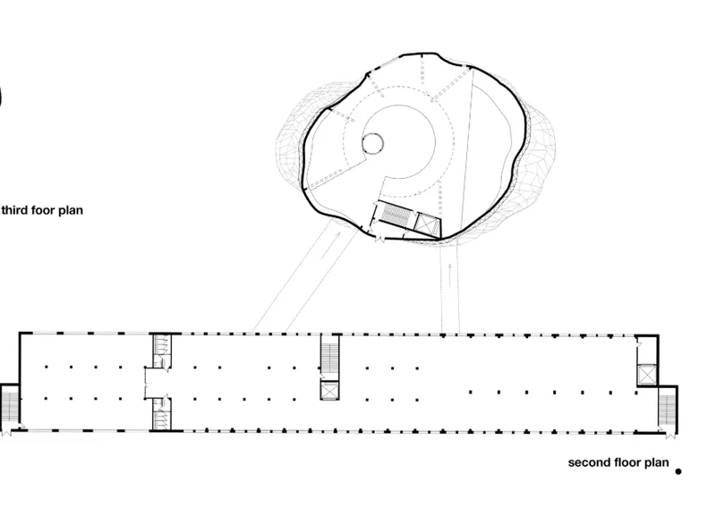 Upper floor plans showing the layered exhibition spaces within the reflective contemporary museum structure.