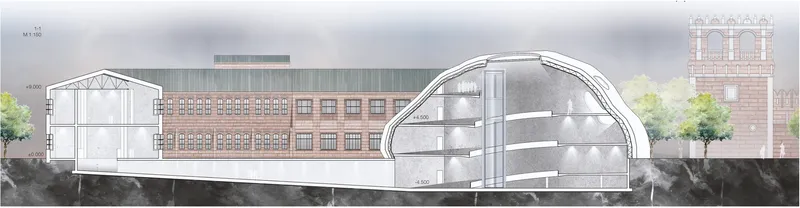 Section drawing showing the reflective museum volume inserted beside the preserved Bromley factory and nearby monastery context.