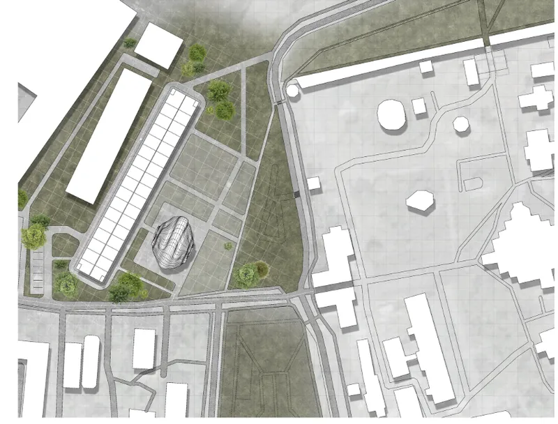 Site plan showing the renovated factory, public routes, surrounding urban fabric, and the museum’s sculptural intervention.