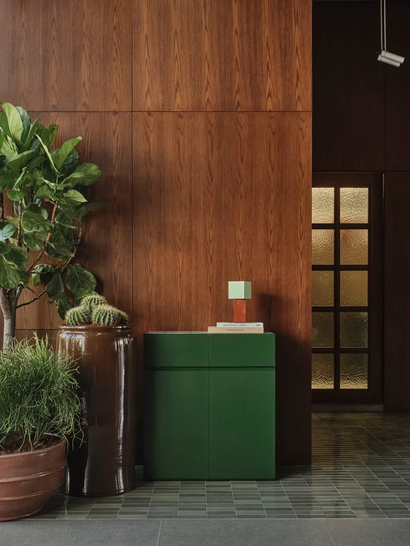 Green credenza beside potted plants and gridded glass door with warm light filtering through