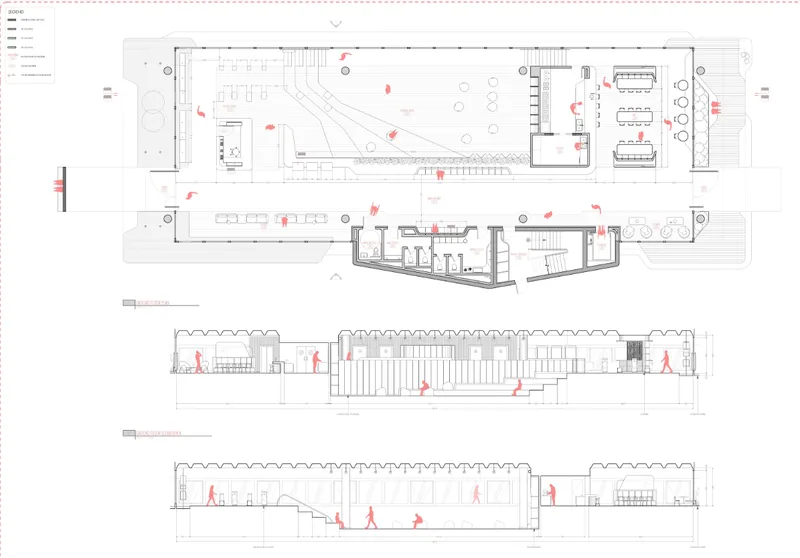 Ground floor plan and interior elevations showing the school’s public areas, circulation spine, and shared learning spaces.