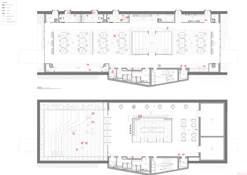 First floor and terrace plans highlighting studio layouts, outdoor gathering zones, and flexible academic spaces.