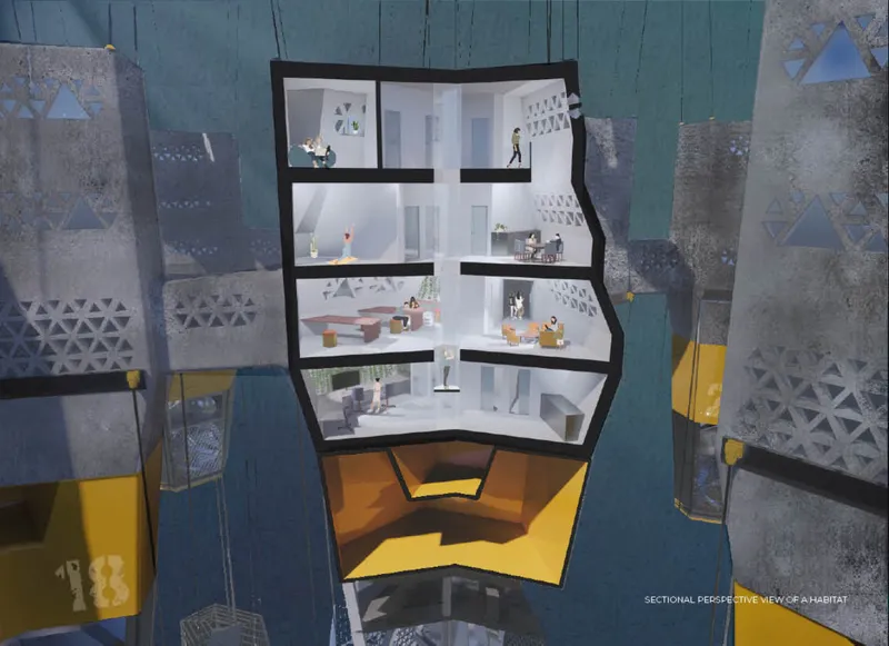 Sectional perspective showing four stacked residential floors and a yellow base level with inhabitants throughout