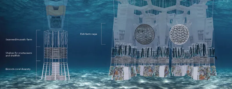 Underwater elevation showing modular aquaculture structures with mesh enclosures and translucent farming panels