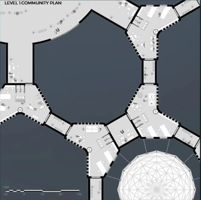 Floor plan showing a central octagonal courtyard surrounded by eight radiating residential pods and community spaces