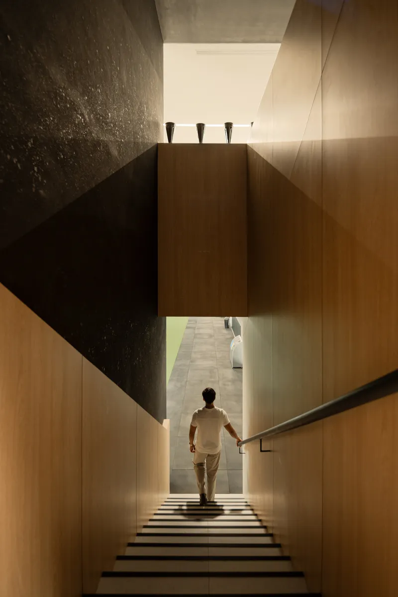 Wood-clad stairwell with dramatic overhead skylight and figure descending toward illuminated opening below