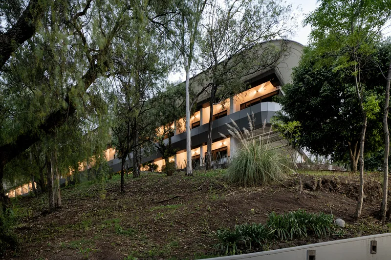 Rear elevation showing bands of illuminated openings beneath the eaves at twilight among eucalyptus trees