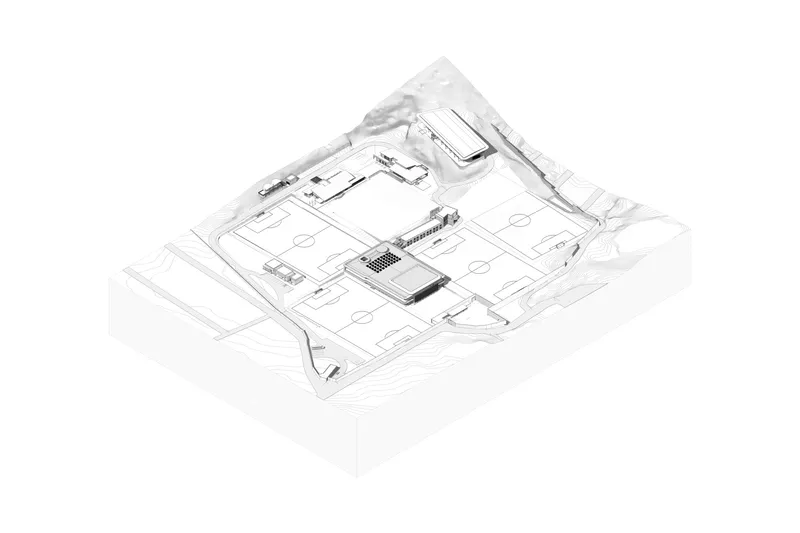 Isometric drawing of the sports complex with playing fields, buildings, and surrounding topography