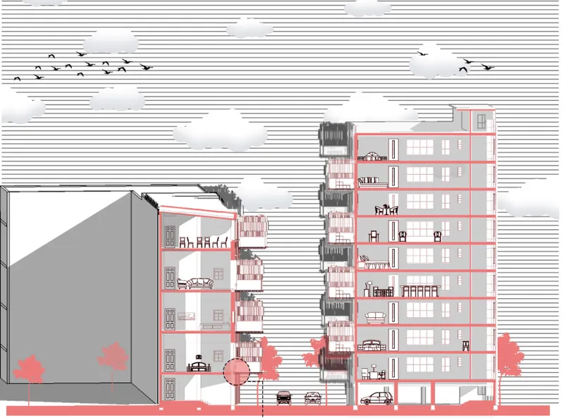 Section drawing revealing residential floors with furniture and a street level with cars and trees