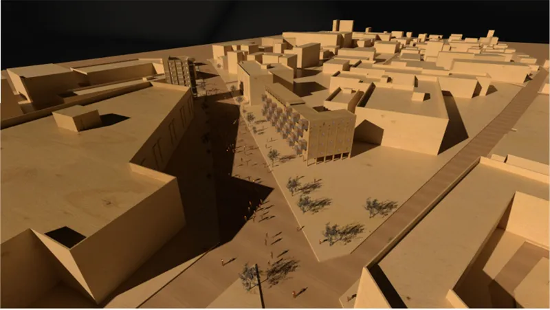 Physical model of an urban block showing a courtyard building surrounded by lower massing and trees