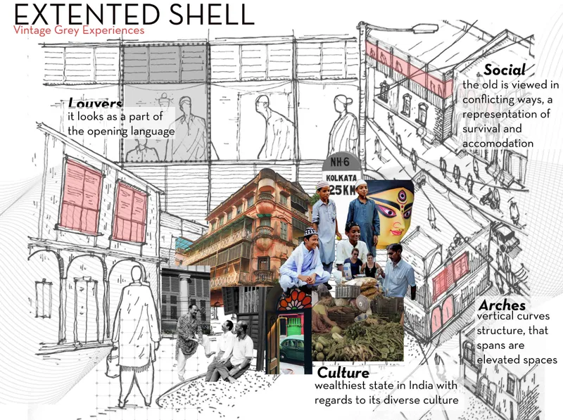 Mixed media collage drawing combining sketch elevations with photographs of historical buildings and people