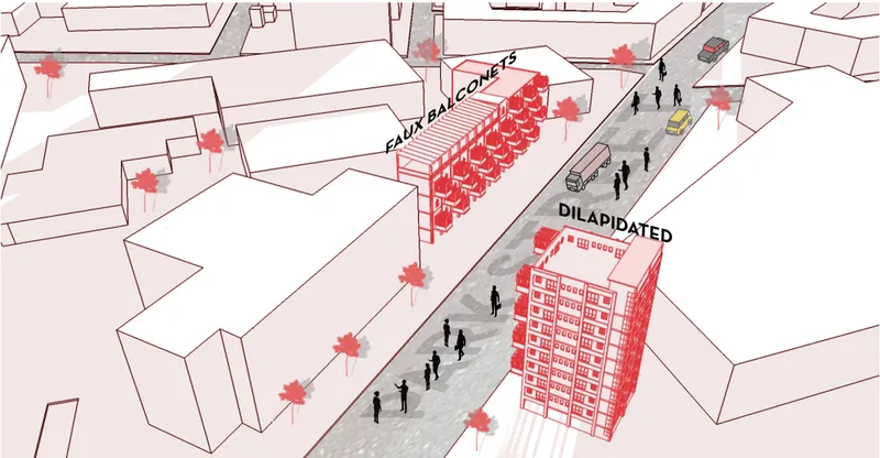 Axonometric drawing showing red highlighted buildings and balconies along a street with pedestrians