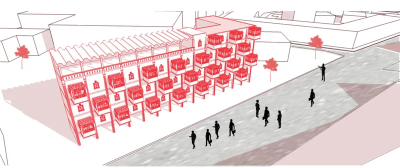 Isometric view illustrating red wireframe structures adjacent to existing buildings with people walking below