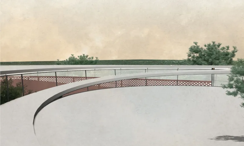 Curved rooftop circulation connects architecture, landscape, and elevated outdoor space.