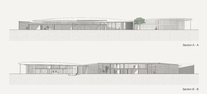 Building sections reveal layered spaces, curved roofs, and strong indoor-outdoor connections.