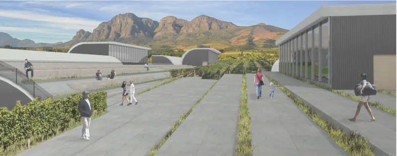 Linear paths and planted strips guide visitors through a contemporary winery campus embedded in the vineyard.