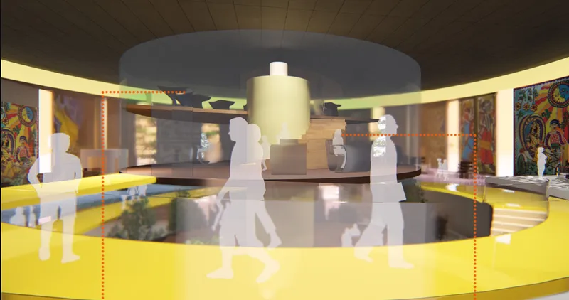 A circular retail interior connects galleries, workshops and gathering spaces through a continuous yellow pathway.