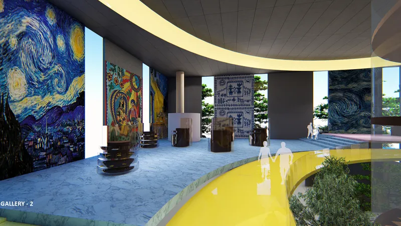 Gallery 2 combines large-scale artwork, interactive displays and a luminous yellow circulation loop.